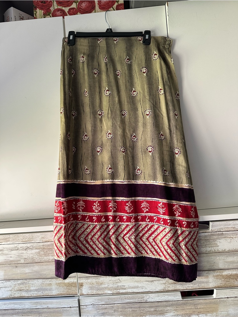 🌿 Sag Harbor Large Faux Wrap Rayon Midi Skirt Boho Border Print